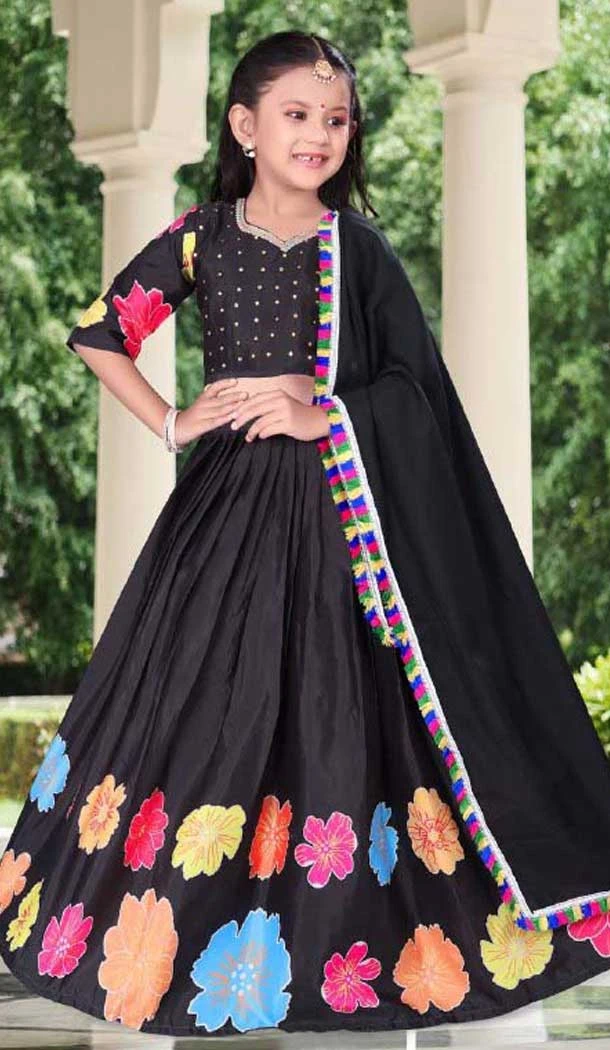 Chanderi Printed Work Readymade Kid's Wear Lehenga Choli In Black - 10223192872