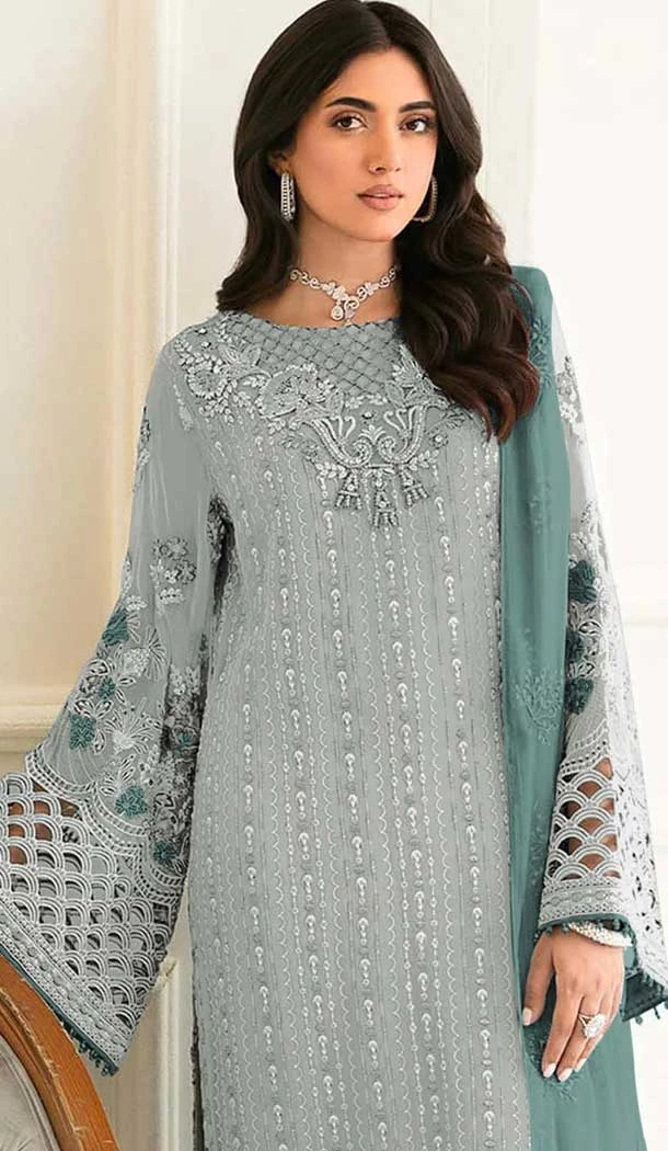 Fox Georgette Embroidered Pakistani Style Salwar Kameez In Light Sea Green - 10250192985