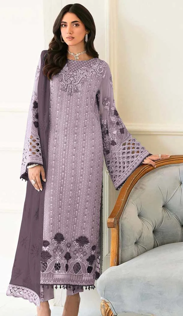 Fox Georgette Embroidered Pakistani Style Salwar Kameez In Light Purple - 10250192989