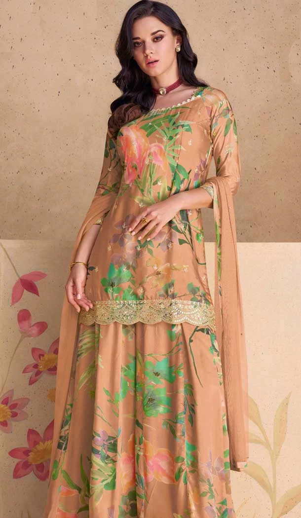 Peach Chinon Embroidered Party Wear Sharara Suit - 10252192995