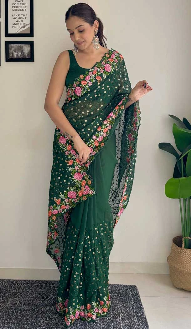 Dark Green Georgette Sequins Work Party Wear Saree - 10254193007