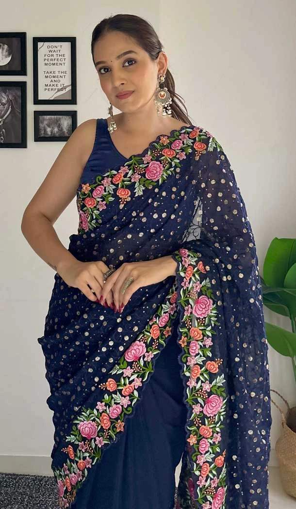 Navy Blue Georgette Sequins Work Party Wear Saree - 10254193008