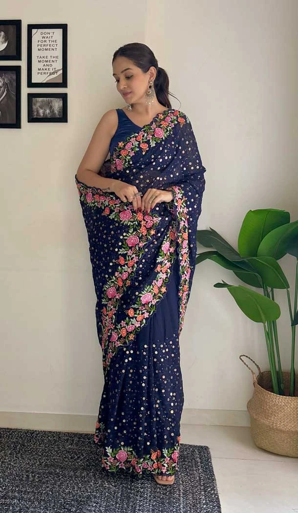 Navy Blue Georgette Sequins Work Party Wear Saree - 10254193008