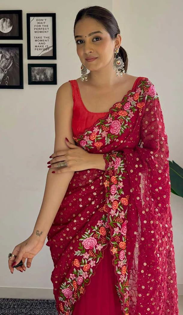 Red Georgette Sequins Work Party Wear Saree - 10254193009