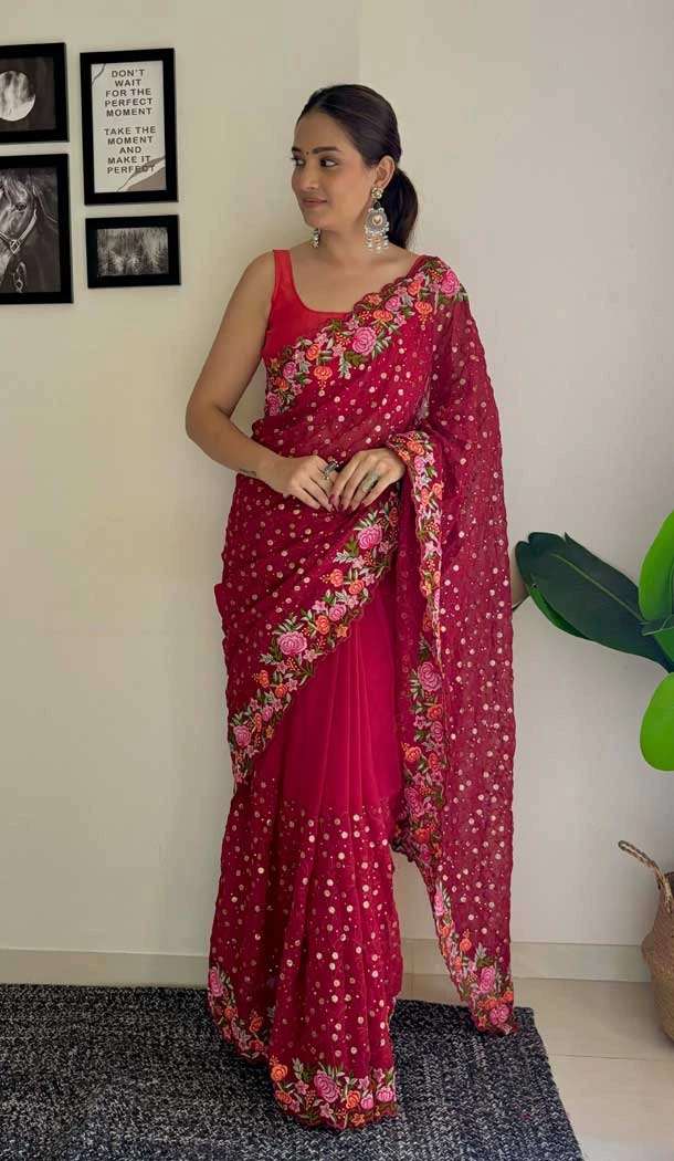 Red Georgette Sequins Work Party Wear Saree - 10254193009