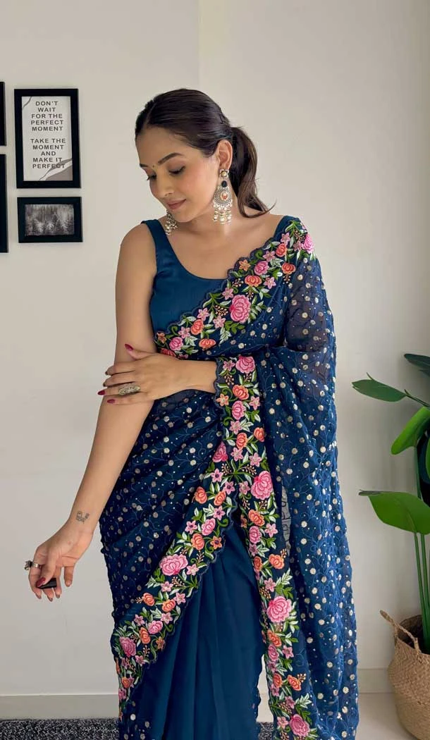 Teal Blue Georgette Sequins Work Party Wear Saree - 10254193010