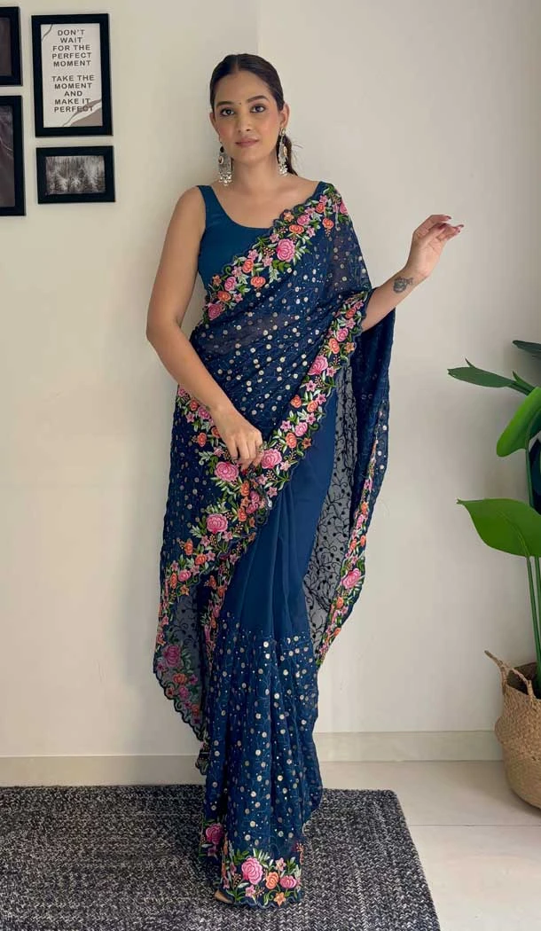 Teal Blue Georgette Sequins Work Party Wear Saree - 10254193010