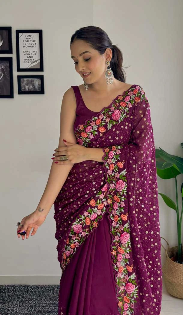 Wine Georgette Sequins Work Party Wear Saree - 10254193011