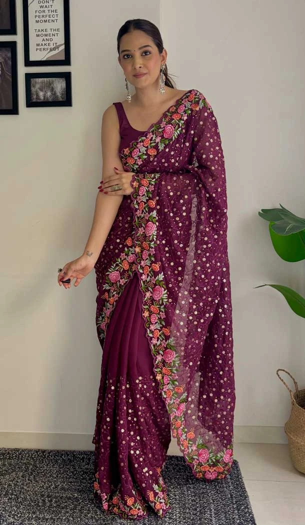 Wine Georgette Sequins Work Party Wear Saree - 10254193011