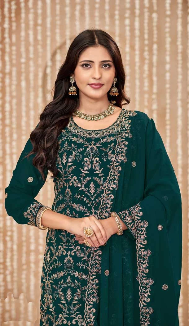 Faux Georgette Resham Work Pakistani Salwar Kameez In Teal Blue - 10264193061
