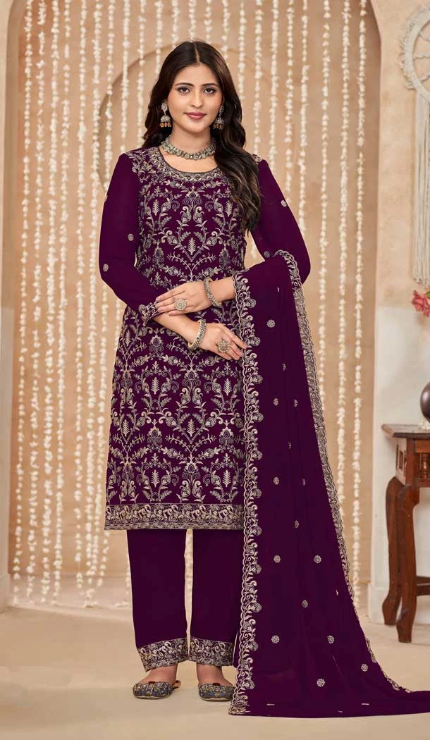 Faux Georgette Resham Work Pakistani Salwar Kameez In Wine - 10264193062