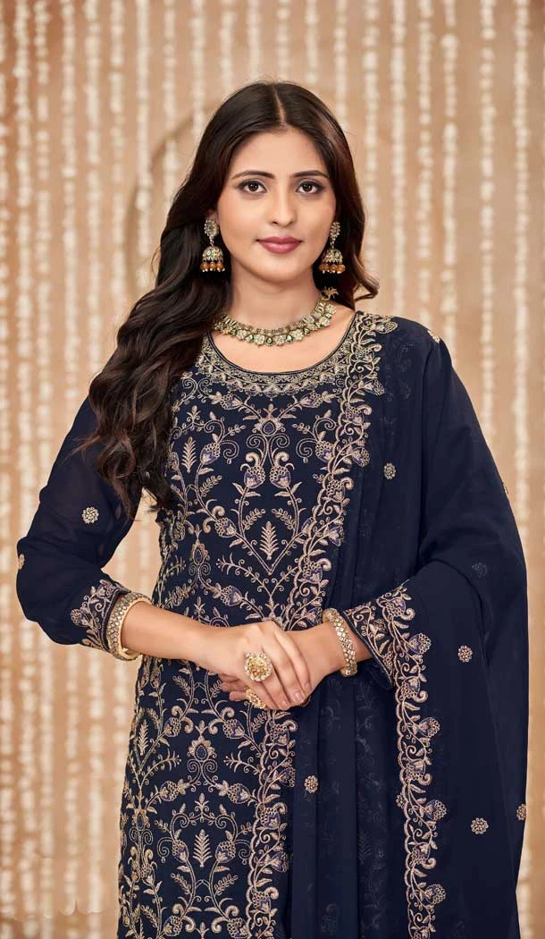 Faux Georgette Resham Work Pakistani Salwar Kameez In Navy Blue - 10264193063
