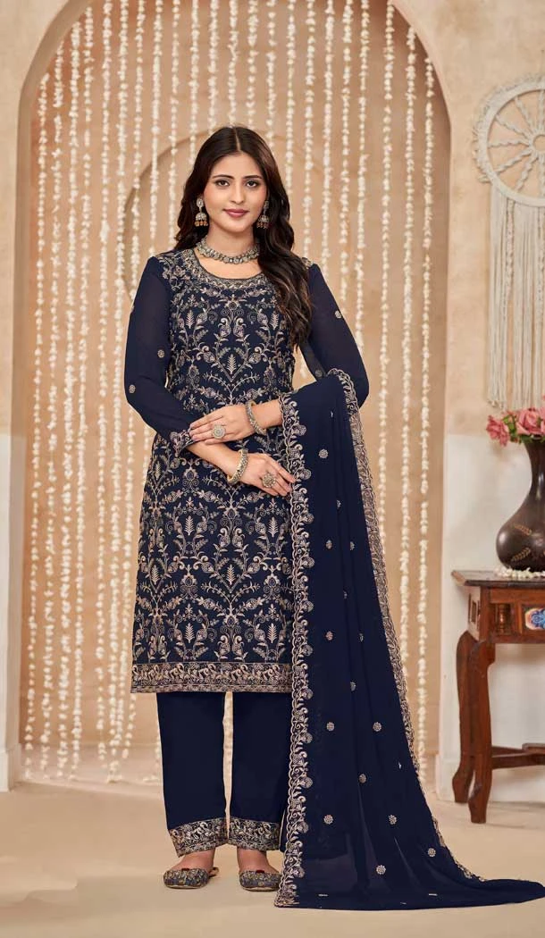 Faux Georgette Resham Work Pakistani Salwar Kameez In Navy Blue - 10264193063
