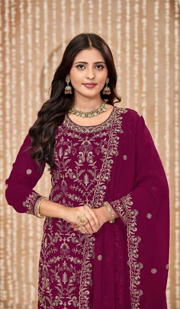 Faux Georgette Resham Work Pakistani Salwar Kameez In Rani Pink - 10264193064