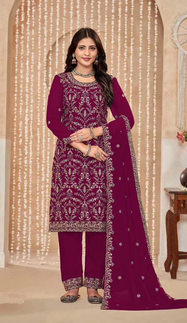 Faux Georgette Resham Work Pakistani Salwar Kameez In Rani Pink - 10264193064