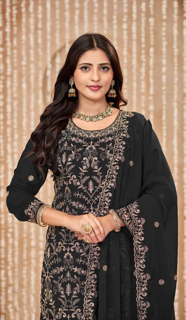 Faux Georgette Resham Work Pakistani Salwar Kameez In Black - 10264193065