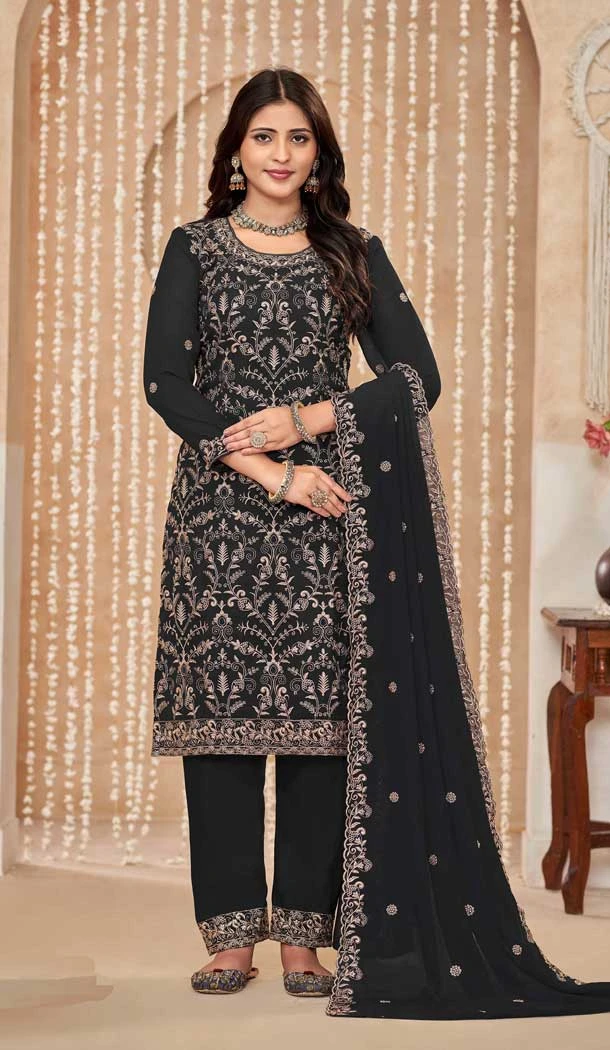 Faux Georgette Resham Work Pakistani Salwar Kameez In Black - 10264193065