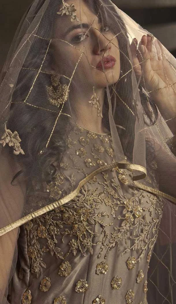 Net Embroidered Party Wear Gown With Dupatta In Beige - 10266193076
