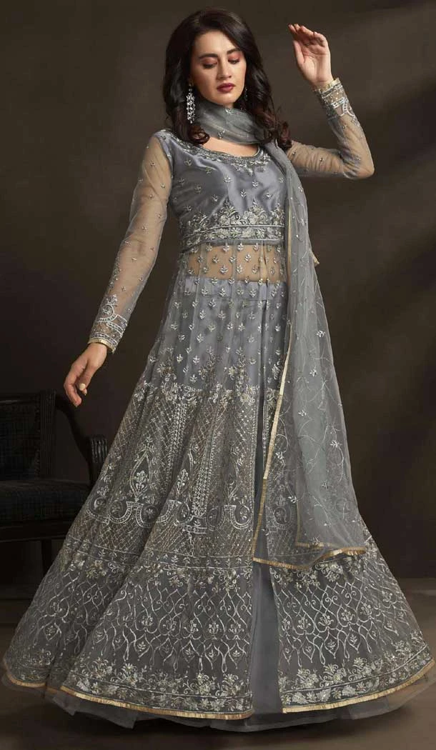 Net Embroidered Party Wear Gown With Dupatta In Grey - 10266193078