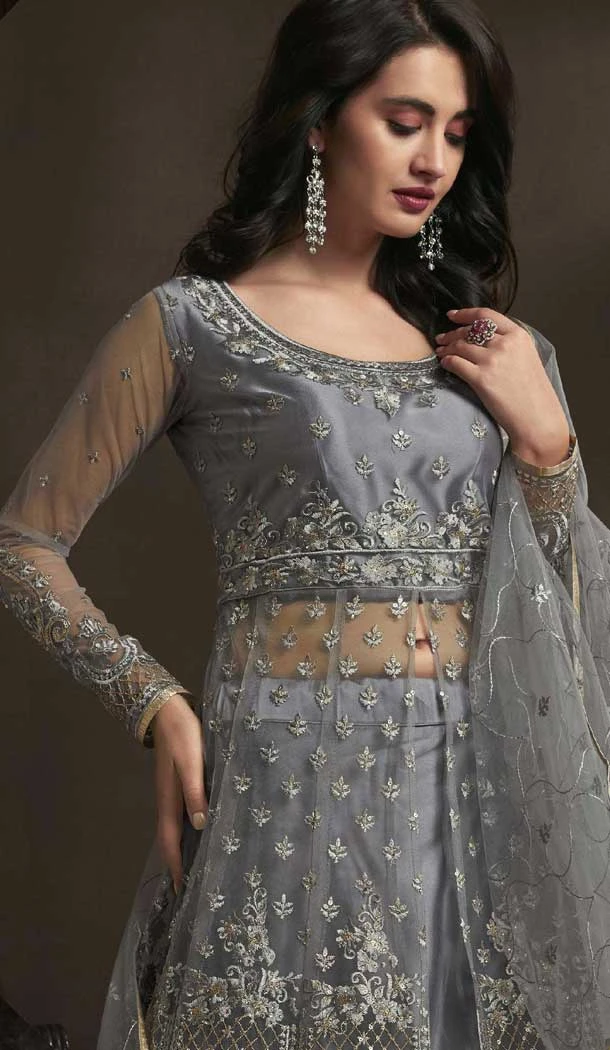 Net Embroidered Party Wear Gown With Dupatta In Grey - 10266193078