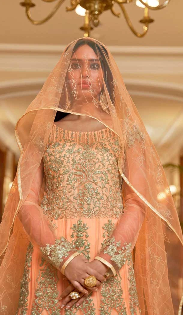 Peach Net Embroidery Designer Anarkali Style Salwar Suit - 10267193081