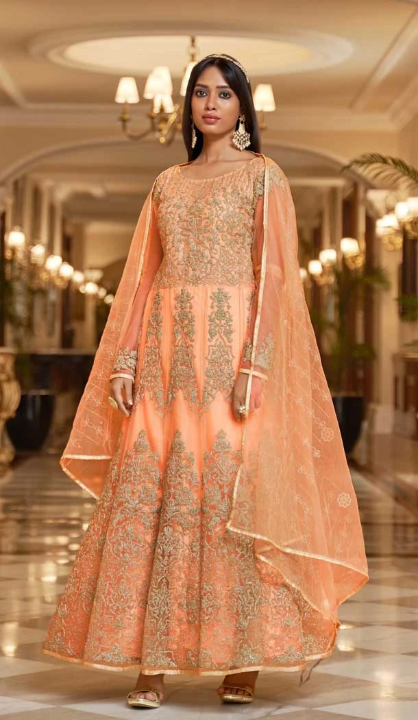 Peach Net Embroidery Designer Anarkali Style Salwar Suit - 10267193081