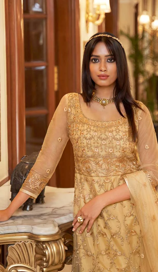 Beige Net Embroidery Designer Anarkali Style Salwar Suit - 10267193082
