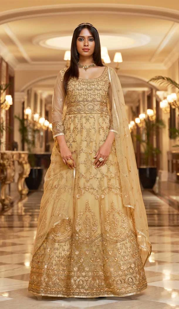 Beige Net Embroidery Designer Anarkali Style Salwar Suit - 10267193082