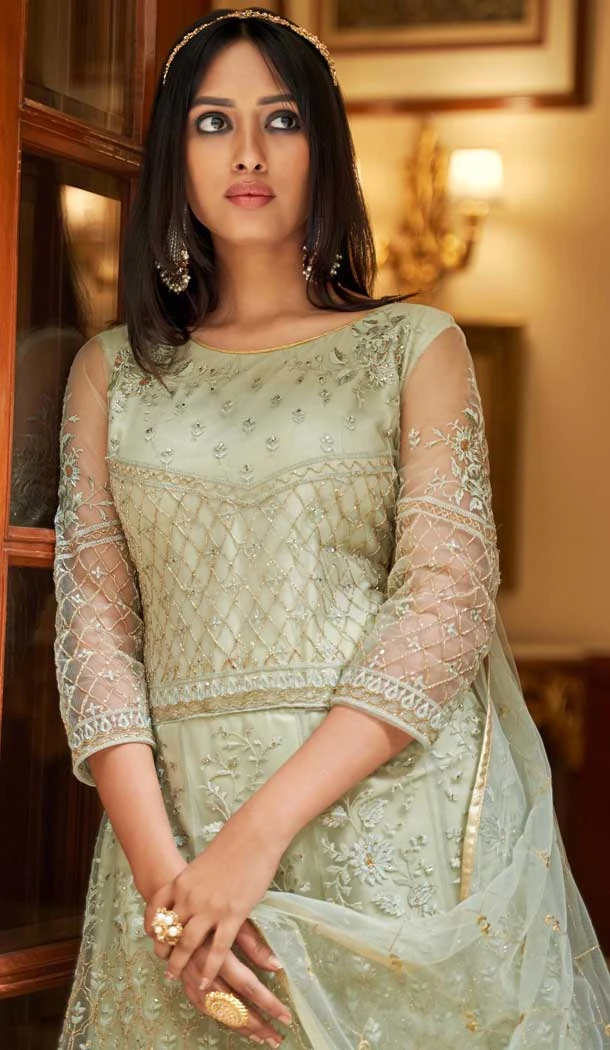 Light Pista Green Net Embroidery Designer Anarkali Style Salwar Suit - 10267193083