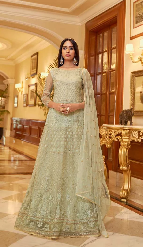 Light Pista Green Net Embroidery Designer Anarkali Style Salwar Suit - 10267193083