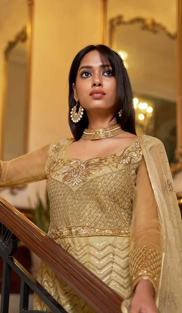 Net Embroidery Designer Anarkali Style Salwar Suit In Beige - 10267193084
