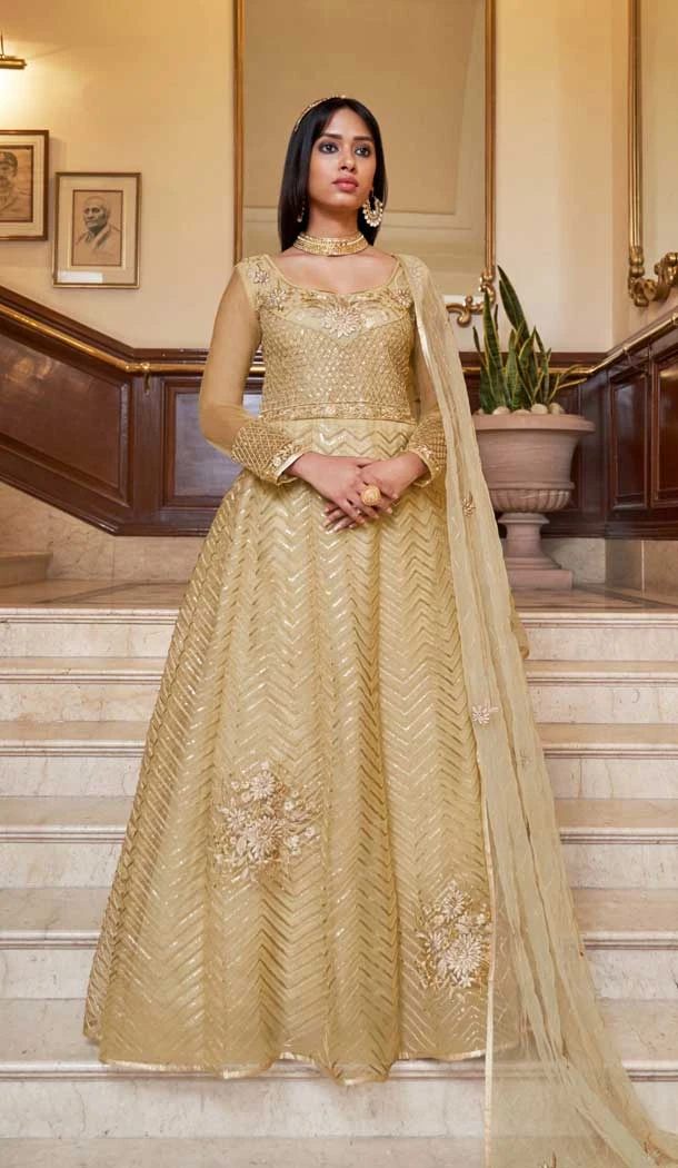 Net Embroidery Designer Anarkali Style Salwar Suit In Beige - 10267193084