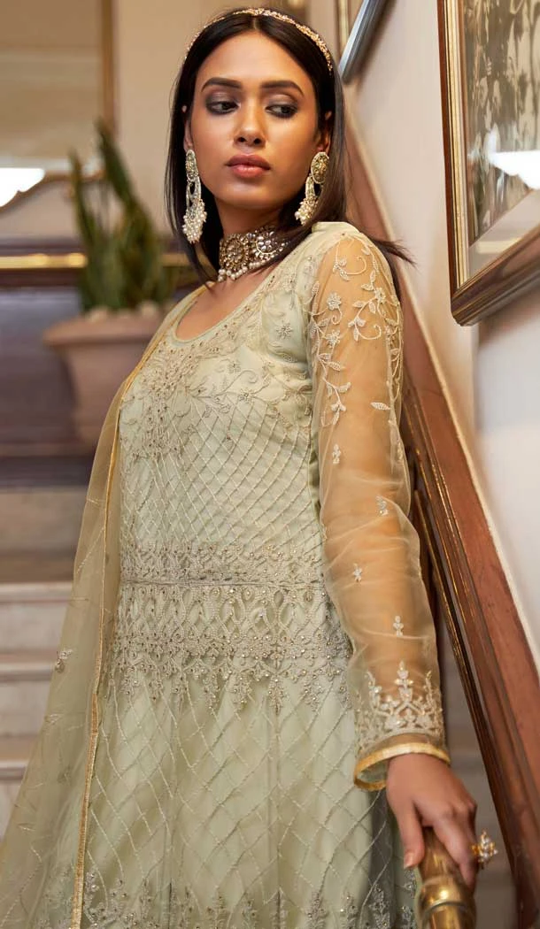 Net Embroidery Designer Anarkali Style Salwar Suit In Light Pista Green - 10267193085