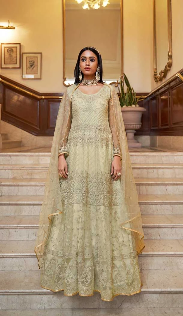 Net Embroidery Designer Anarkali Style Salwar Suit In Light Pista Green - 10267193085