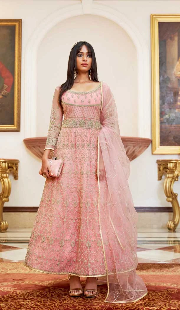 Baby Pink Net Embroidery Designer Anarkali Style Salwar Suit - 10267193086