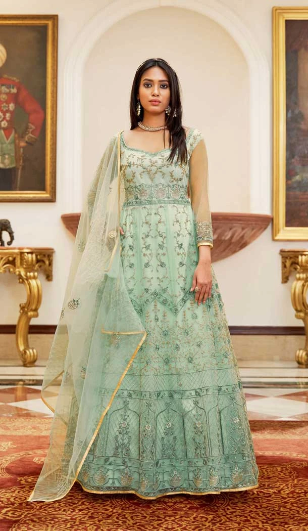 Aqua Blue Net Embroidery Designer Anarkali Style Salwar Suit - 10267193087