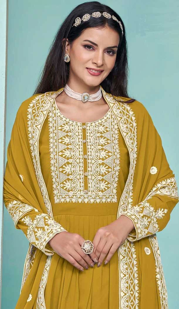 Faux Georgette Sequins Work Party Wear Palazzo Suit In Yellow - 10268193088