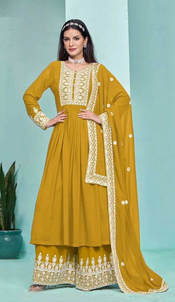 Faux Georgette Sequins Work Party Wear Palazzo Suit In Yellow - 10268193088