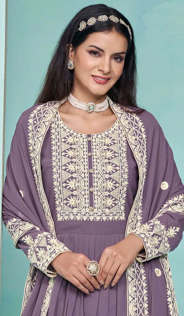 Faux Georgette Sequins Work Party Wear Palazzo Suit In Onion Pink - 10268193089