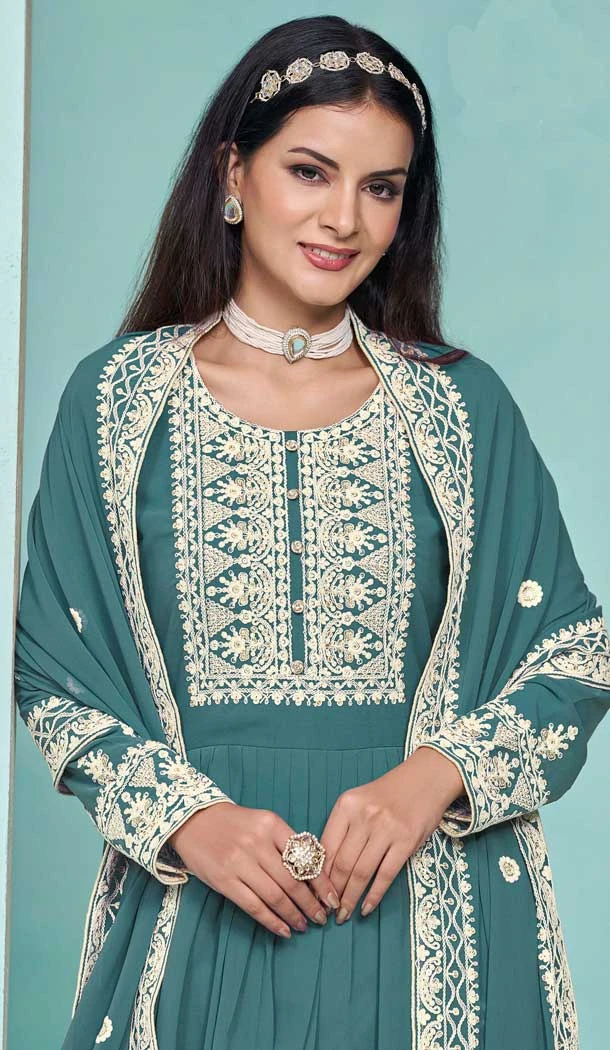 Faux Georgette Sequins Work Party Wear Palazzo Suit In Rama Blue - 10268193090
