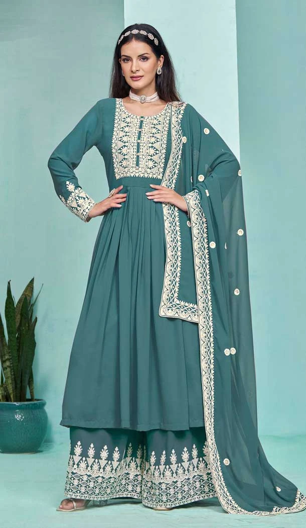 Faux Georgette Sequins Work Party Wear Palazzo Suit In Rama Blue - 10268193090