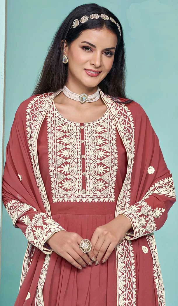 Faux Georgette Sequins Work Party Wear Palazzo Suit In Red - 10268193091