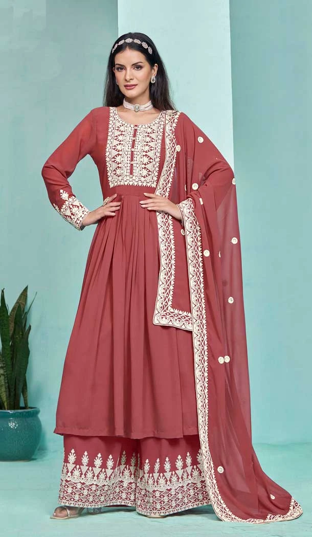 Faux Georgette Sequins Work Party Wear Palazzo Suit In Red - 10268193091