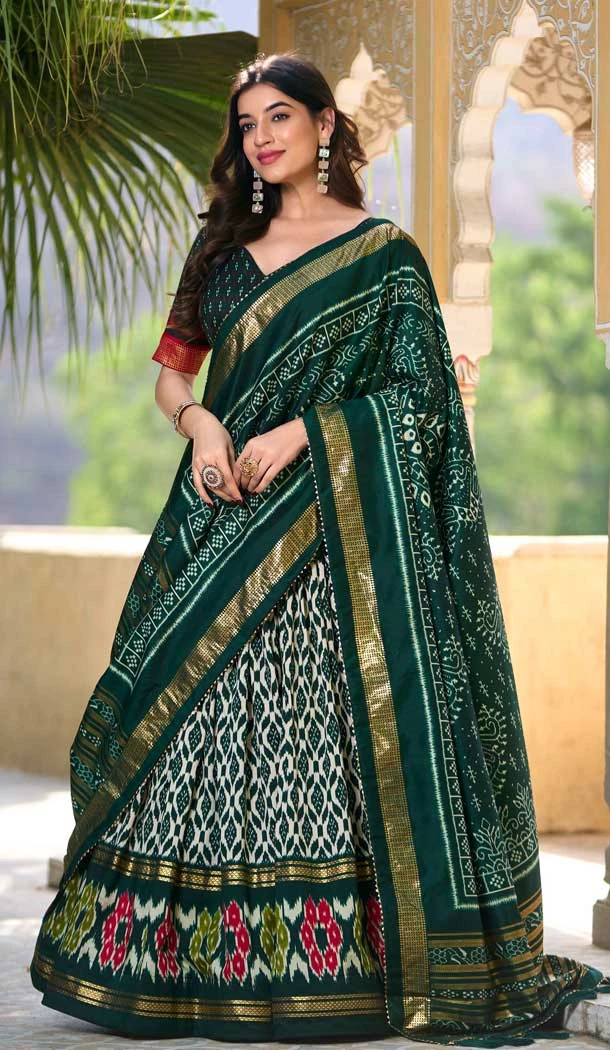 Green Tussar Silk Foil Work Traditional Wear Lehenga Choli - 10278193124