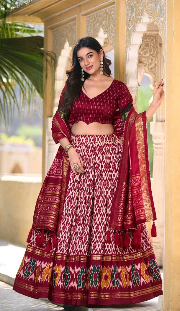 Maroon Tussar Silk Foil Work Traditional Wear Lehenga Choli - 10278193125