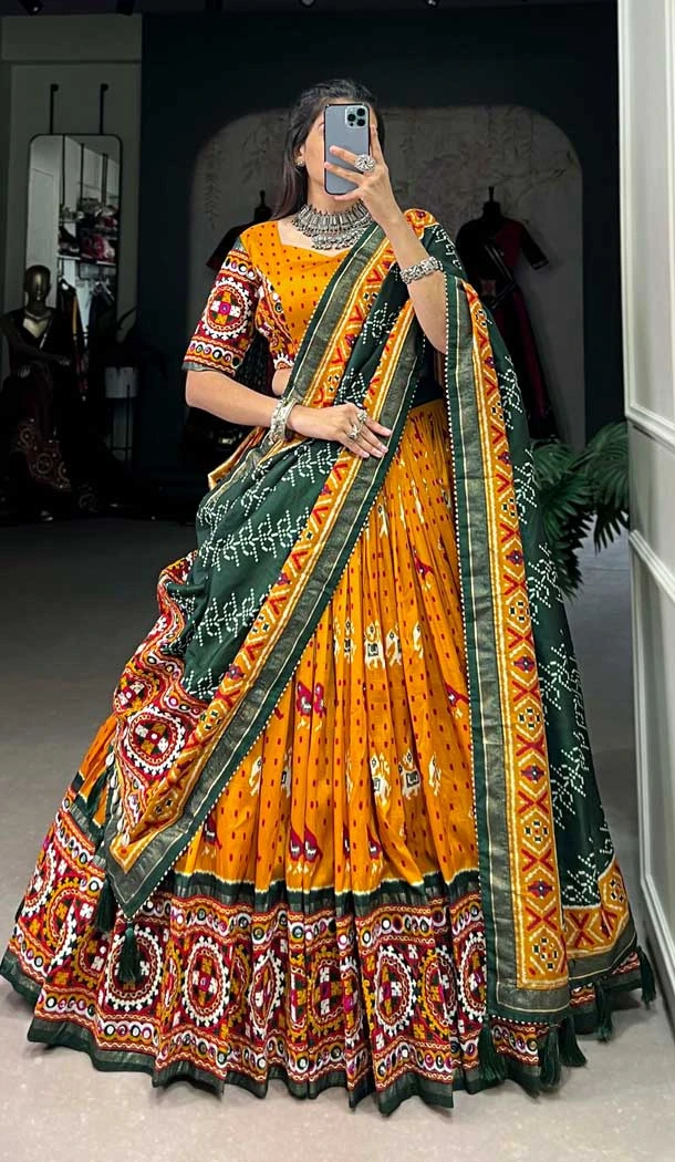 Mustard Tussar Silk Gamthi Work Navratri Lehenga Choli - 10279193128