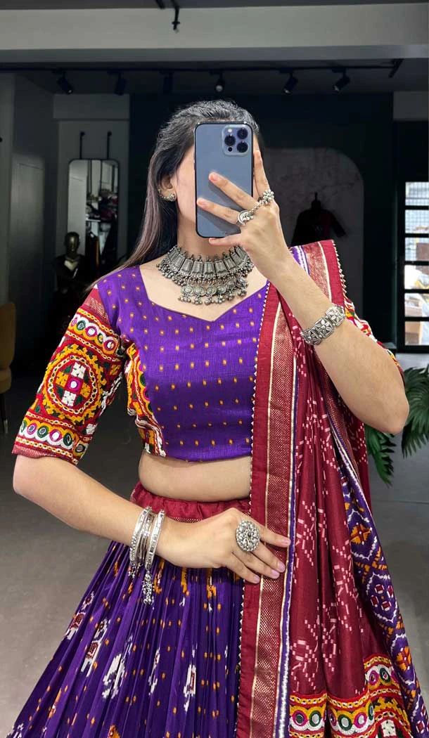 Purple Tussar Silk Gamthi Work Navratri Lehenga Choli - 10279193129