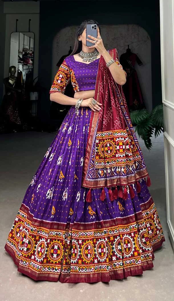 Purple Tussar Silk Gamthi Work Navratri Lehenga Choli - 10279193129