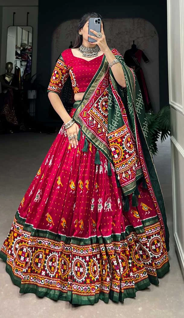 Maroon Tussar Silk Gamthi Work Navratri Lehenga Choli - 10279193130