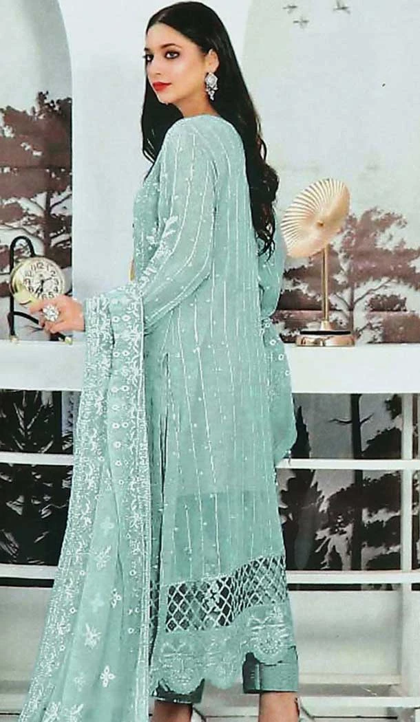 Aqua Blue Faux Georgette Embroidered Pakistani Style Salwar Kameez - 10332193452